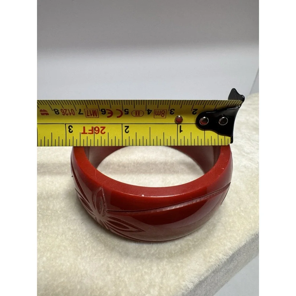 Vintage Carved Red Floral Bangle Bracelet Chunky Wide Domed Statement Jewelry